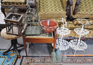 Group Lot of Mixed Items incl Vintage Glass Bottles, Wooden Birdcages, Piano Sto
