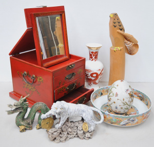 Group lot of Oriental inc Vintage Oriental Jewellery box with Peony flowers &amp