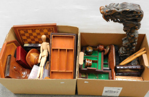 Lot 024 - Large lot of 2 boxes of wooden item with inlay, hardwoods etc inc heav