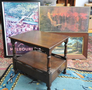 Lot 065 - Mixed lot inc oak 2 tiered side table with drawer, 3 x framed pictures