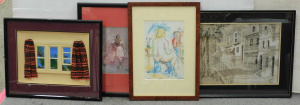 Lot 076 - Group of signed and framed artworks inc ink and paint streetscape by J