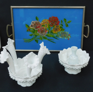 Lot 151 - Mixed Group lot inc German Tray - metal surround and floral bourquet d
