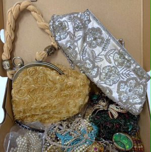 Lot 153 - Box with costume jewellery, beaded evening bag & another, necklac