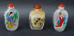 Lot 156 - 3 Vintage Reverse Painted Signed Glass Oriental snuff bottles inc Squ