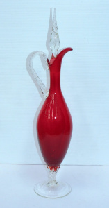 Lot 181 - Italian Mid Century Empoli Ruby Red decanter w clear stem, handle and