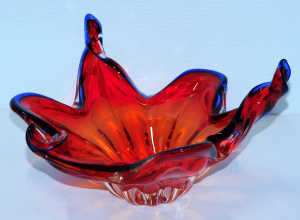 Lot 186 - Ruby Art Glass Bowl with blue rim & three twisted ends 15cm H