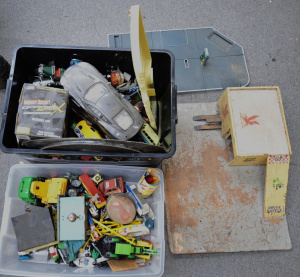 Lot 029 - Large group of 2 boxes + of toys inc 2 x BP branded garages, cars by M