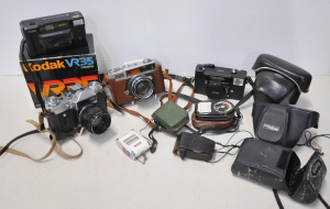 Lot 060 - Box Lot of Vintage Cameras & Accessories incl Soviet Zenit-E 35mm