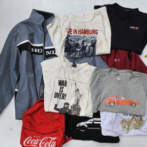Lot 010 - Box lot of branded, promo and other apparel inc Honda rain slicker, F1