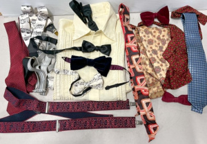 Lot 013 - Lge lot - Gents cream silk shirt, cravats, ties, bowties, braces, sil
