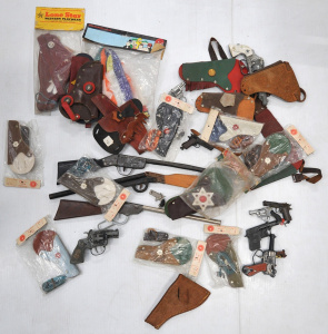Lot 020 - Box Lot of Vintage Cap Guns, Toy Holsters & Other incl Cap Rifles,