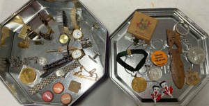 Lot 033 - Tin & contents incl watches, straps, 70s cufflinks, Cwealth medall