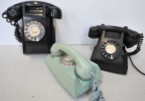 3 x Vintage Telephones incl Black Bakelite Desk Telephone, Black Bakelite Wall T