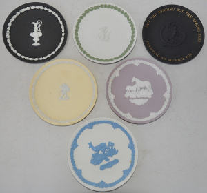 6 x Wedgwood Coloured Jasperware Cabinet plates inc Primrose, Sage on White Cupi