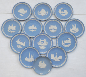 13 Vintage 1960-70-80s Wedgwood Pale Blue Jasperware Christmas Cabinet plates 1