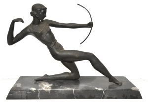 Lot 001 - Large vintage Art Deco Spelter Figure of a Female Archer - on Marble b