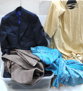 Lot 018 - 2 x Boxes of Mixed Vintage Clothes incl Vintage Mens Suits, Woolen Jum