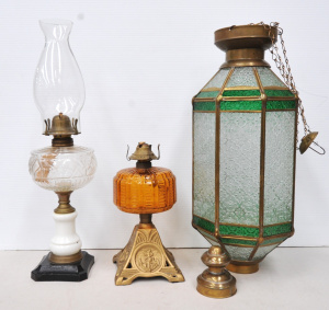 Lot 021 - 3 x pieces - 2 x vintage c1900's Oil Lamps incl 1 w Amber glass Font &