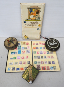 Lot 039 - Group lot - Old Tins, Stamp Album & contents & 1930s Mabel Luc