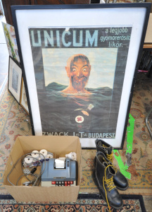 Lot 046 - Group Framed Unicum Liquer Poster, Pair of Viberg Black Leather Boots