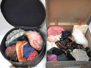 Lot 052 - Vintage suitcase and hat box with contents inc, hats with feathers, fl