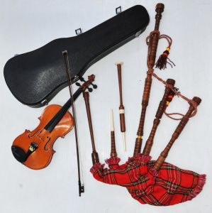 Lot 053 - Grp - Lark branded Japanese Violin w case & Scottish Tartan Bagpip