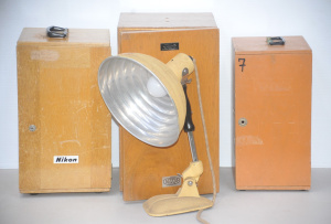 Lot 056 - Vintage Pifco infrared Radiant Heat lamp & 3 x wooden Microscope C