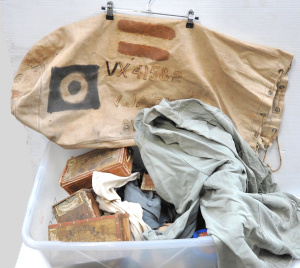 Lot 058 - Group Lot of Items incl Dust Coats, Vintage WWII Duffle Bag for VJack