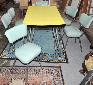 Lot 073 - Retro dining table w yellow laminate Top & chrome legs & six r