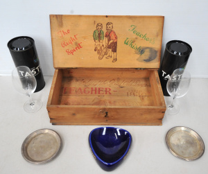 Lot 077 - Lot of Vintage Bar Items incl Vintage Wooden Crate Repurposed For Teac