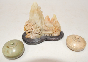 Lot 142 - 3 Pieces of Carved Soapstone incl 2 x Carved Soapstone Boxes & Ori