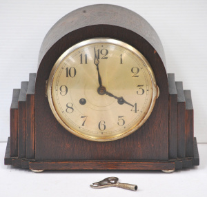 Lot 169 - Art Deco stepped wooden case mantle Clock prob German marked Foreign 1