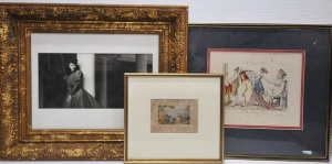 3 x framed Pictures inc, 19th C French hand coloured Engraving titled After The
