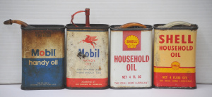 4 x Vintage 4fl Oz Oil Tins incl 2 x Shell Household Oil & 2 x Mobil Handy O