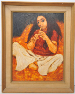 Pat Reynolds (Active c1980s - 2000s) Framed Oil Painting - Girl with Flute - sig