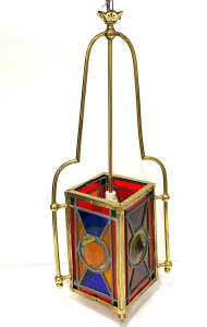 Lot 1 - Art Deco Brass & Leadlight glass light fitting - square shaped Red,