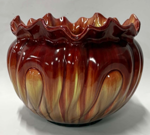 Lot 4 - c1890 Bretby majolica Jardinire, rich reds, yellows, Reg No etc 24cms D