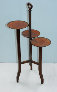 Lot 13 - Vintage 3-tiered tripodal mahogany cake stand - 83cm H - note repair si