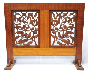 Lot 19 - Arts & Crafts fiddleback Blackwood small screen with carved Gumnuts