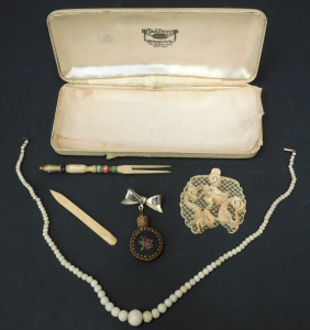 Lot 40 - Grp - ivory beads with part clasp 9ct, oriental cocktail fork, nail fil