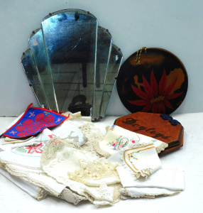 Lot 51 - Box Mixed Vintage Inc Art Deco Fan Shaped Wall Mirror 46cmH, 2 x Woode