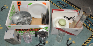 Lot 55 - 2 x Boxes of Mixed Glassware, Ceramics & Metalware incl Wine Glasse