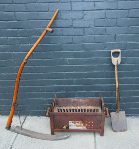 Lot 60 - Vintage lot inc oak handled scythe (147cm H), portable iron box brazier