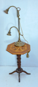 Lot 67 - Marquetry inlaind wine table (and vintage brass double necked table lam