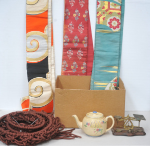 Lot 68 - Box mixed items incl assorted Japanese Obe Fabric Sashes, Small Scales