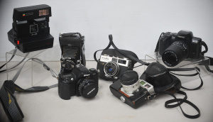 Lot 70 - Box lot of Vintage Cameras incl Nikon F65, Polaroid 640, Penguin Bellow