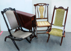 Lot 74 - 3 x vintage folding campaign chairs inc ebonised w barley twist upright