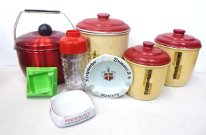 Lot 77 - Group lot Vintage Items inc, 3 x metal kitchen canisters, cocktail shak