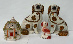 Lot 83 - 4 x pces Victorian Staffordshire pottery, Cottage pastille burner, pair