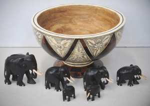 Lot 90 - Vintage Inlaid Bone & Wood Decorated Bowl & Ebony Carved Elepha